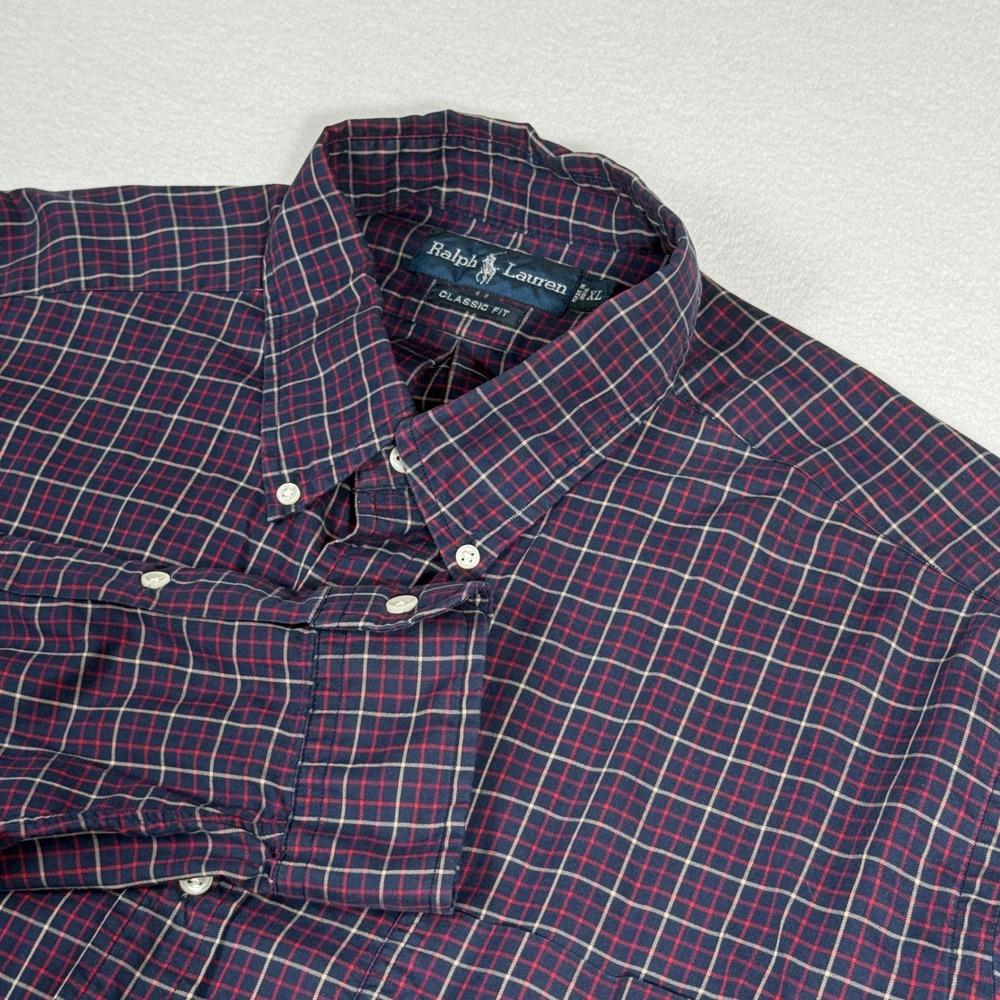 Ralph Lauren Mens XL Plaid Button Down Shirt Navy Blue Red‎ Classic Fit